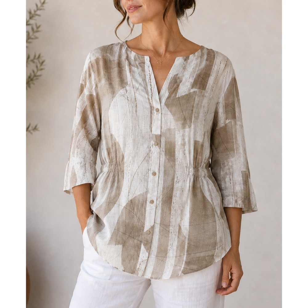 Poetry 100% Linen Abstract Print Button Front Tunic Top US Size 12 Beige Cream